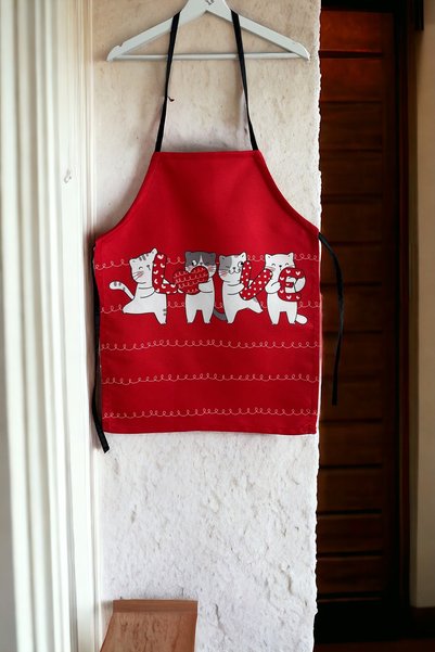 KEDİ Mother and child red cat 2-piece Stain Resistant bib set