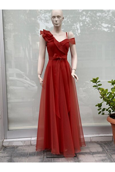 Saygın 366 Respected Belted Tulle Long Evening Dress