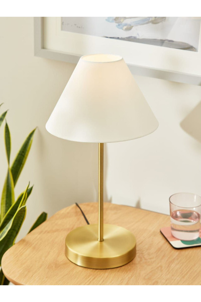 burenze Modern Pilli Abajur Masa Lambası Kablosuz Aç Kapa Butonlu Gold Sarı Krem Şapka