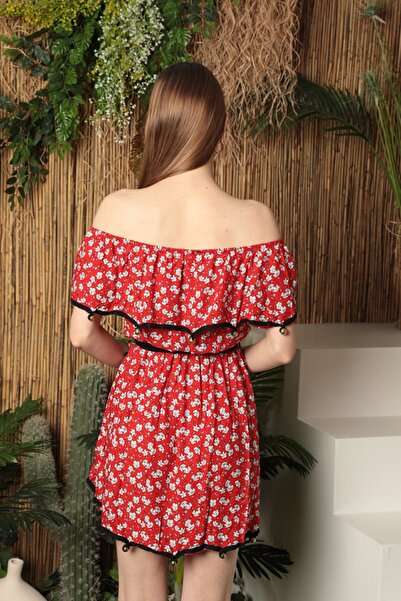 lovebox New Season Viscose Fabric Madonna Collar Belt Detailed Patterned Women's Mini Dress