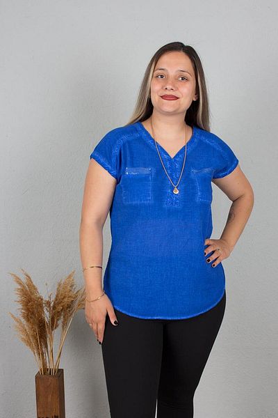 Truva XXL Plus Size Cotton Washed V-Neck Authentic Blouse Colorful B104