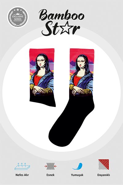 bamboo star Чорапи с грим Mona Lisa Pop-Art - Дигитално принтирани чорапи Дълги чорапи Premium - Унисекс