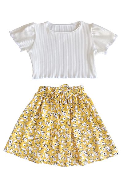 MODA59 Girl's Crop and Skirt Set Cotton Ribbed Ecru Color Crop Yellow Color Floral Skirt