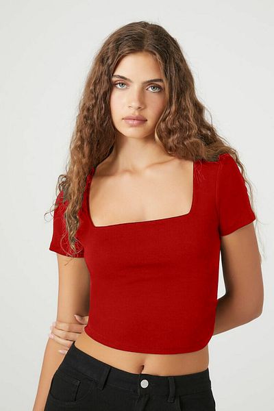 zaccana z Women's Square Collar Double Layer Sandy Crop Top - Short Sleeve