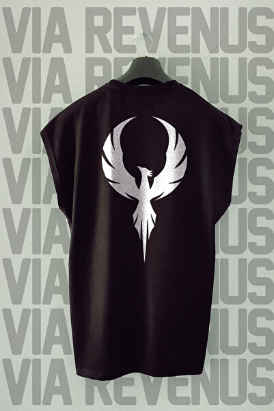 Vordevia Tricou negru supradimensionat - imprimeu Phoenix Back, mâneci zero