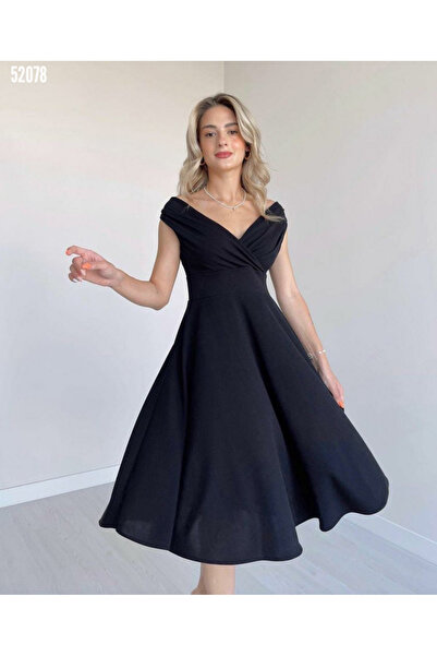 ubmbutik Γυναικείο Φόρεμα - Off Shoulder - Πλισέ φούστα - Midi μήκος - Crepe ...