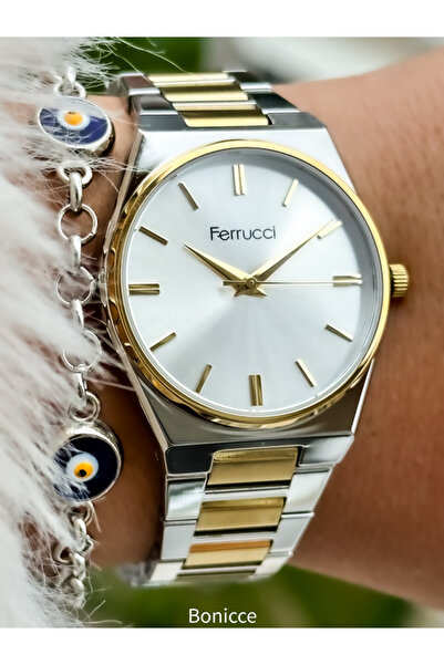 Ferrucci Marka 34 mm Kasa Çapı Sarı Renk, Çelik Kordon, Sade Model Kadın Kol Saati+Bileklik