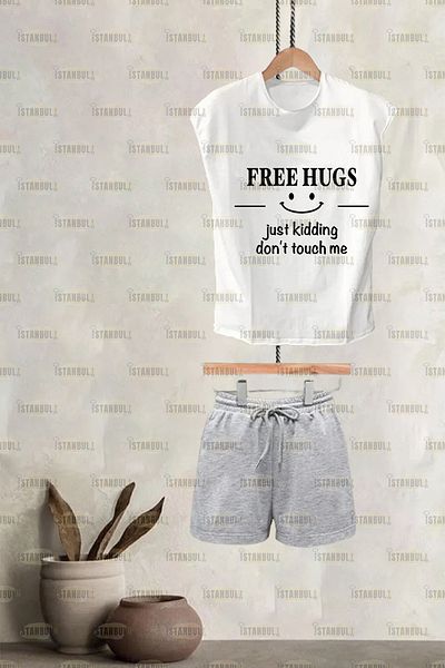 aynewmoda FREE HUGAS just kidding don't touch me Tricou imprimat pantaloni scurți Trening Bottom Top Set