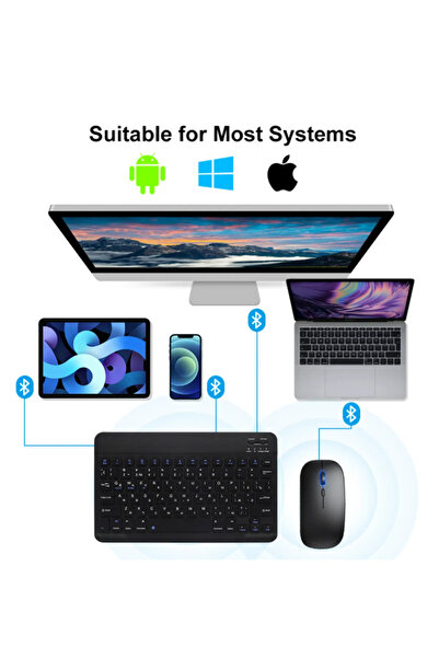 BLUE İNTER QASUL IPad Xiaomi Samsung Huawei Uyumlu  Tablet Laptop Uyumlu Bluetooth Bağlantılı Klavye+Mouse Set