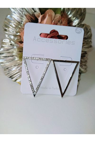 MİRAKSESUAR Triangle Model Zircon Stone Silver Colored Earrings