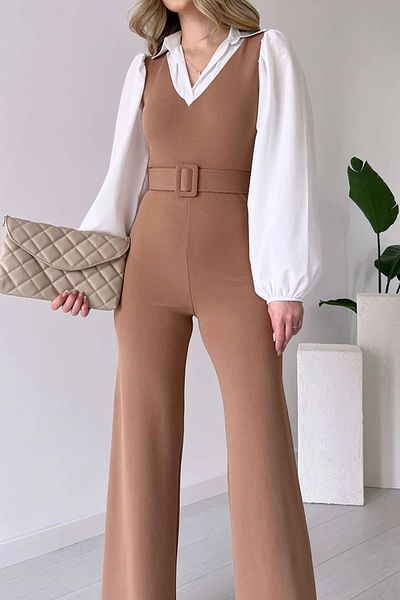 Neşeli Butik Women's lycra jumpsuit with tank belt and shirt detail NBK2063