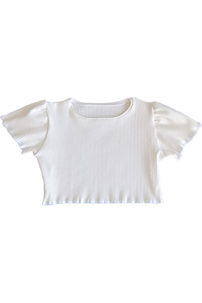 MODA59 Girl's Crop and Skirt Set Cotton Ribbed Ecru Color Crop Black Wrinkled Floral Skirt