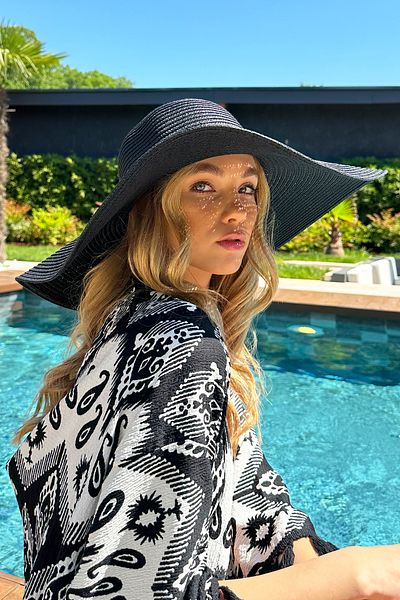 Trend Alaçatı Stili Woman's Black Row Stone Straw Hat ALC-X12343