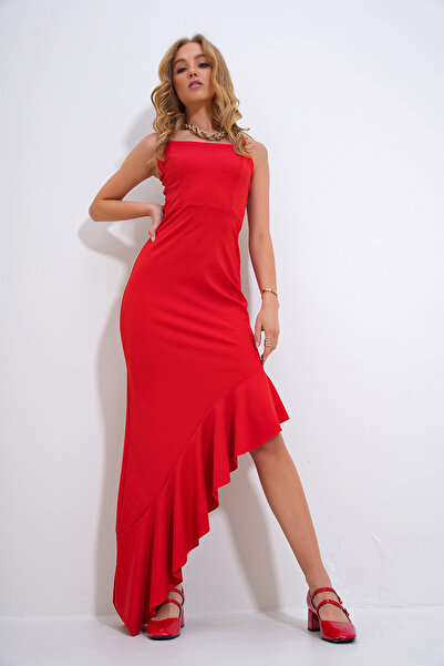 Trend Alaçatı Stili Női piros állítható pántos szoknya lendkerék aszimmetrikus szabású ruha ALC-X12195