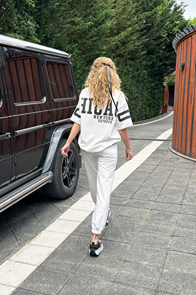 Trend Alaçatı Stili Women Ecru Crewneck Printed T-Shirt And Jogging Tracksuit Set ALC-X12204