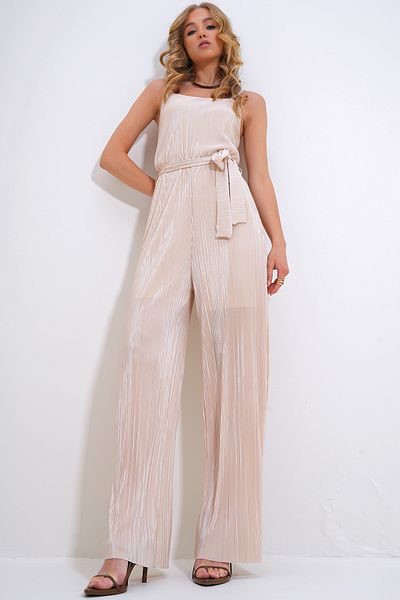 Trend Alaçatı Stili Women's Open Beige Strap Waist Belted Chest Low-cut Pleated Jumpsuit ALC-X12192
