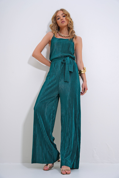 Trend Alaçatı Stili Dámský zelený pásek s páskem na hrudi Nízký skládaný overal ALC-X12192