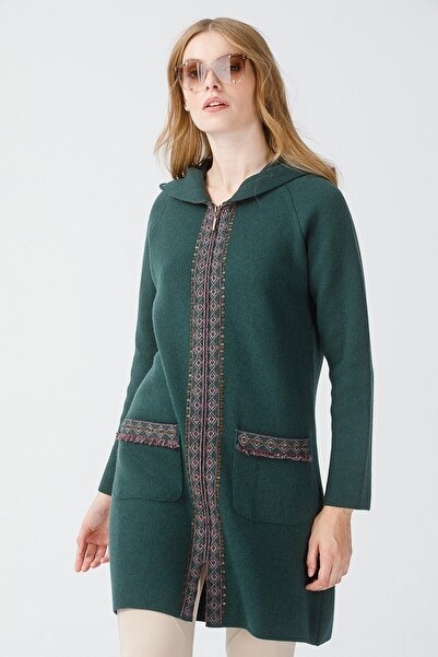 Desen Triko Women's Zippered Hooded Long Coat Green