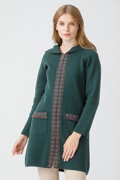 Desen Triko Women's Zippered Hooded Long Coat Green
