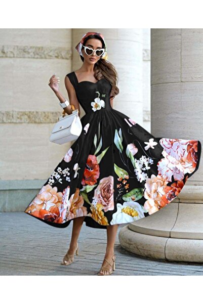 aspirin fashion Bretele cu imprimeu floral rochie evazată din țesătură crepon...