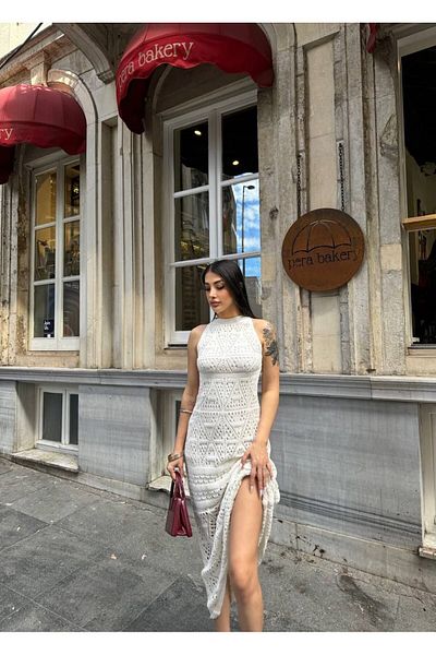 kenza'a Γυναικείο πλεκτό φόρεμα με λαιμόκοψη με διάτρητη γραμμή