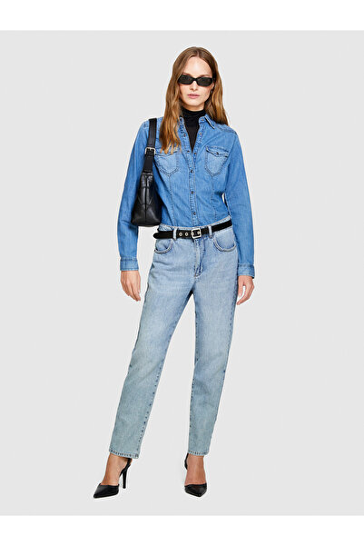 Sisley Γυναικείο τζιν πουκάμισο με εφαρμοστό τσέπες