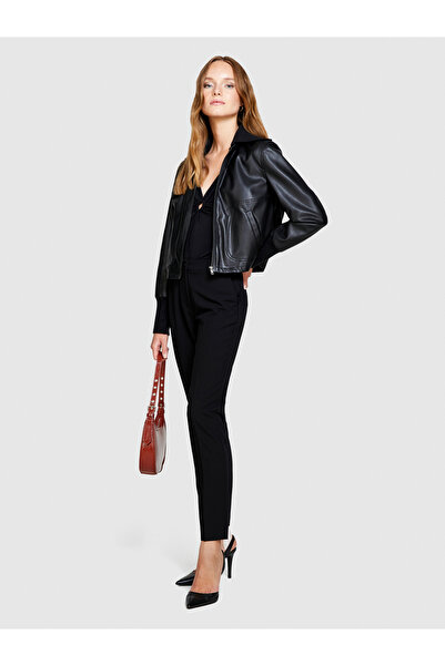 Sisley Γυναικείο μαύρο παντελόνι με κανονική εφαρμογή, κανονική μέση, ελαστικό, με μείγμα βισκόζης