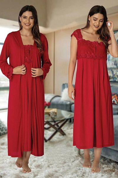 by İGP Cherry Cotton Nightgown and Dressing Gown Set for Pregnant and Maternity - Set of 2