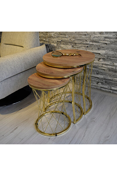 er enirey collection Üçlü Hasır Telli Zigon Açık Ceviz Ahşap-Gold Metal Ayaklı Zigon Sehpa