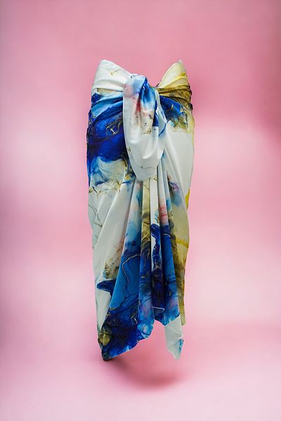 pistore New Season Satin Women's Beach Dress - White, Navy Blue Granite Patterned Long Pareo