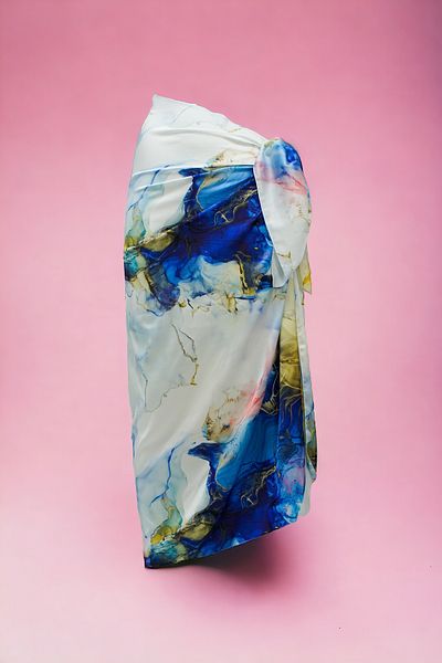 pistore New Season Satin Women's Beach Dress - White, Navy Blue Granite Patterned Long Pareo
