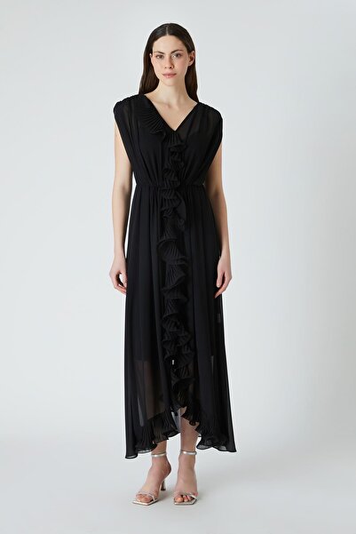 FEVER Plise fırfırlı uzun elbise