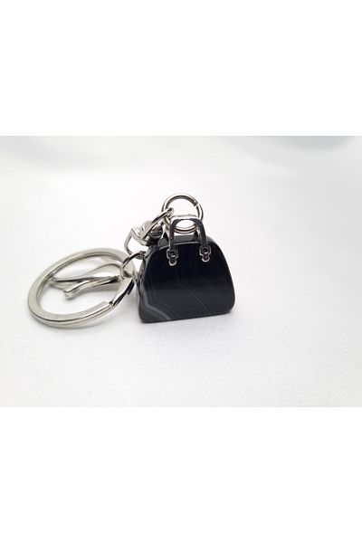 Yüksel Boncuk Black Agate Stone Bag Model Natural Steel Keychain