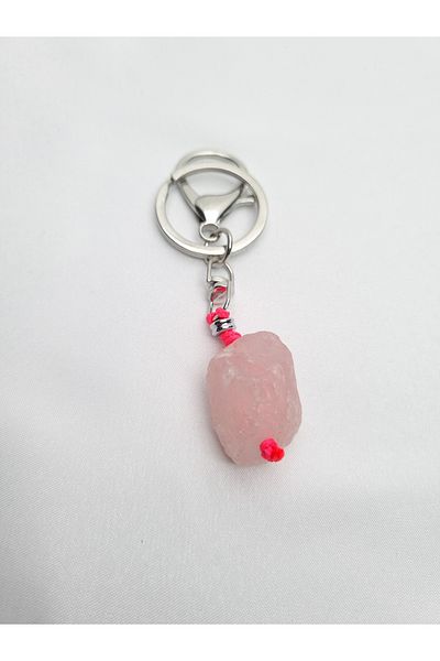 Yüksel Boncuk Pink Quartz Stone Natural Steel Keychain