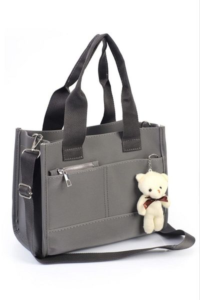 ARTON Gray Buzi Leather Double Pocket Teddy Bear Column Strap Shoulder Bag