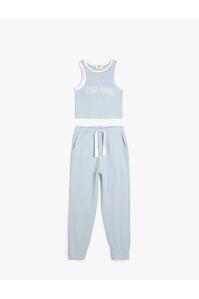 Koton Girl's Tracksuit Set - Textured Cotton Trousers and Suspender T-Shirt Set of 2