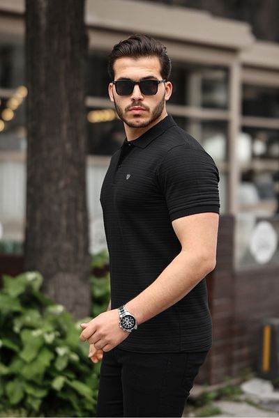 COMBİNE MİCHAİL تيشيرت رجالي أسود بياقة بولو بقصة ضيقة - 100% قطن