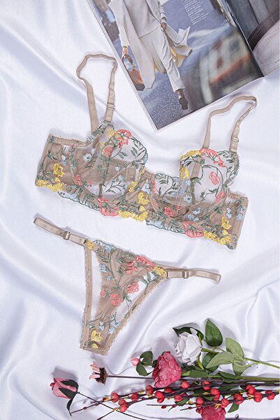 NUİTAMORE Nuitamore Skin Color, Floral Embroidery Embroidered Brode Bra Set.