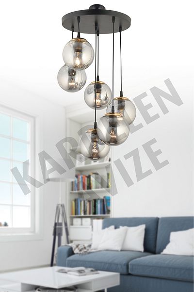 SONSUZ AYDINLATMA&AVİZE Black 6-Piece Smoke Ball - Glass Downward Facing Luxury Chandelier