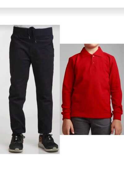 FİRES GİYİM UNİSEX ÇOCUK RİBANA BEL LASTİKLİ SİYAH OKUL PANTOLON + UZUN KOL %100 PAMUK LAKOS