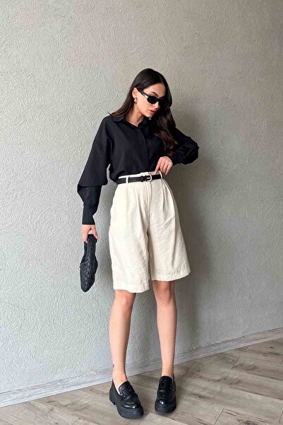 Seda Yalçın Atelier Βασικό σορτς βερμούδας με διπλή πιέτα σε μπεζ χρώμα