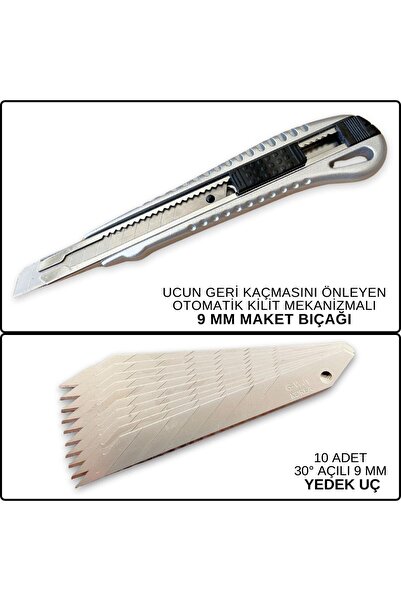 ipekbazaar Lacco Maket Bıçağı 9 mm ve 10 Adet 30° Yedek Uç, Otomatik Klitleme...