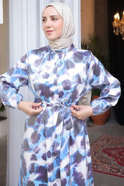 benguen 3988 Rochie cu modele detaliată cu centură Albastră