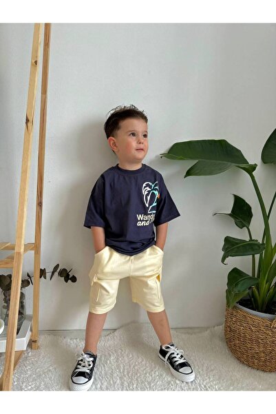 JELİBOOM Summer Palmiye Baskılı Koyu Gri Alt Krem Kargo Cepli Çocuk Şort Takım