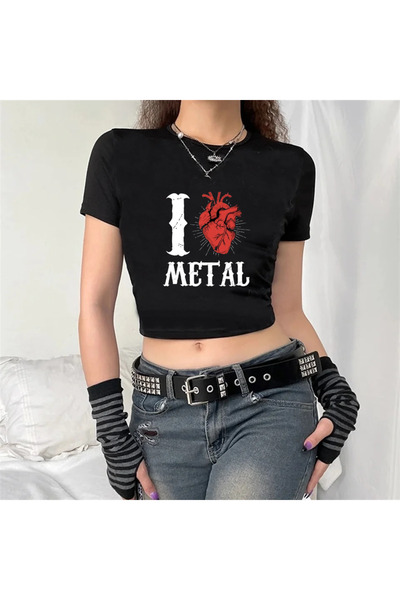 Toum Crop negru cu imprimeu DamlaHobi I Love Metal