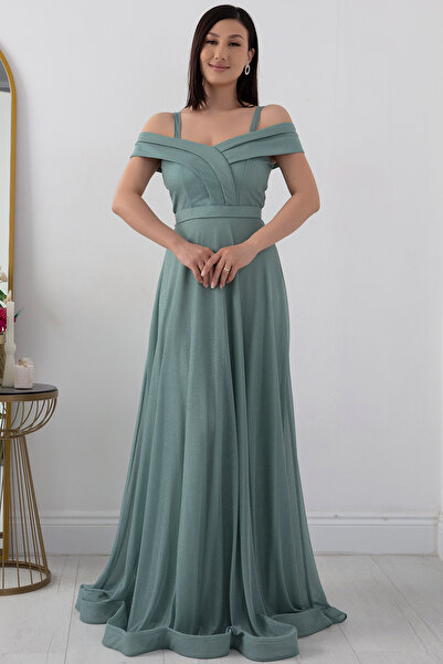 PULLIMM Μακρύ βραδινό φόρεμα ασημί τούλι - Μοντέλο με λουράκι 13278