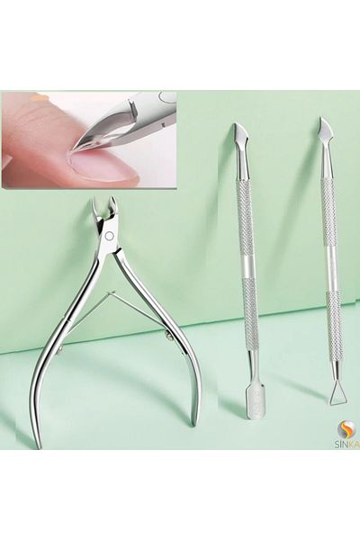 SİNKA Cuticle Scissors Double Spring + Cuticle Side Pusher + Nail Polish Scraper Kronk Stainless Steel Set