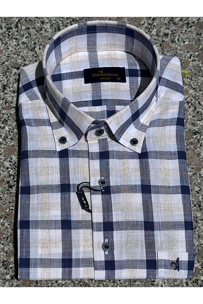 Daniel Bessi Plaid Patterned Button Collar Classic Cut Regular Fit Short Sleeve Cotton Men's Shirt with Pockets
