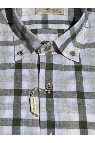 Daniel Bessi Plaid Patterned Button Collar Classic Cut Regular Fit Short Sleeve Cotton Men's Shirt with Pockets