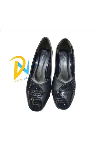 NILOO Black Snake Patterned Thick Heeled Women's Shoes